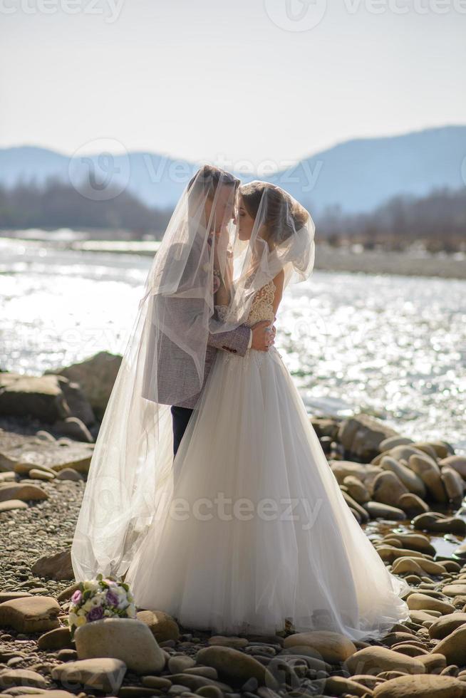 The groom leads his bride by the hand to a lonely old beech. Winter wedding. Place for a logo. photo