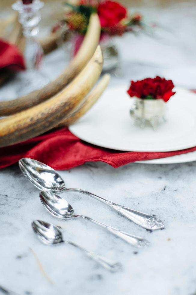 Set on a snowy table spoons photo