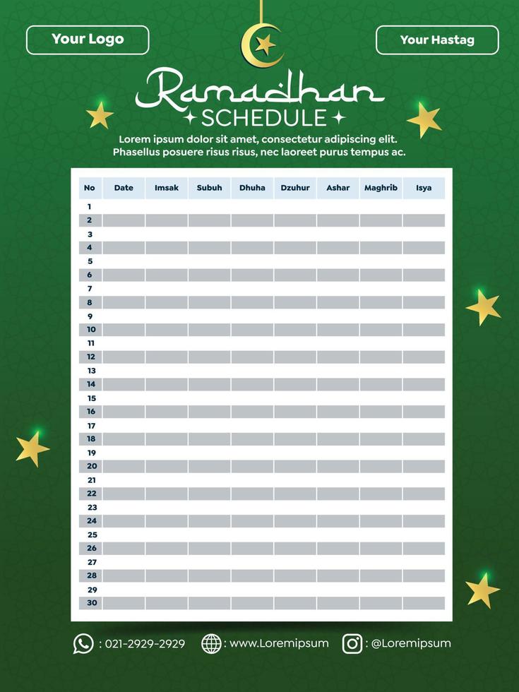 Ramadan Calendar Schedule Green - Fasting and Prayer time Guide vector