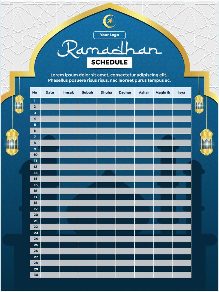 horario de ramadán calendario azul - guía de tiempo de ayuno y oración vector