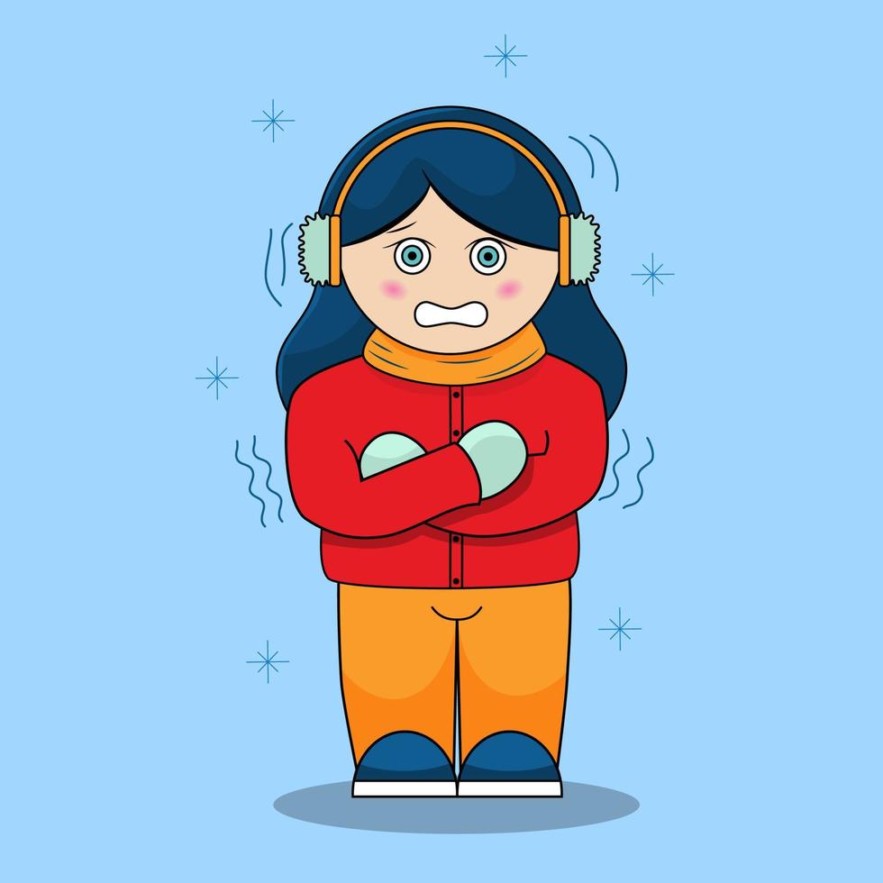 A young girl or child is frozen in the cold. A girl with blue hair in a red jacket and yellow pants. Vector illustration