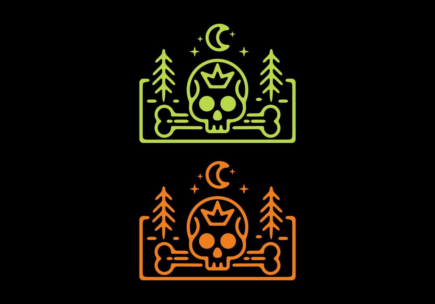 Green and orange illustration of skull head in dark background vector