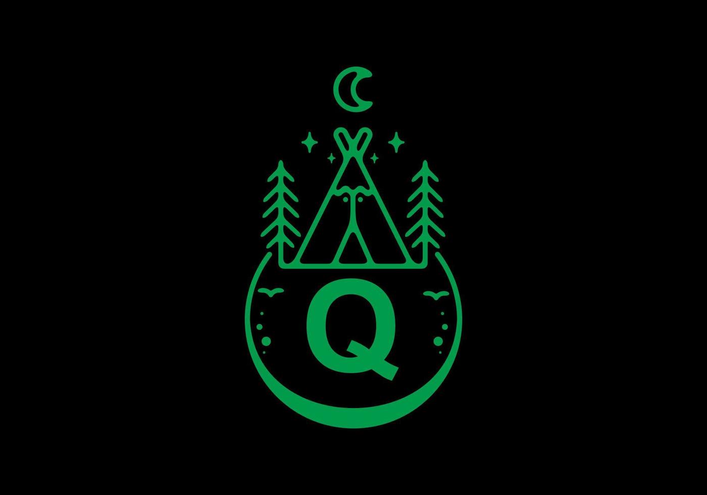 Green color of Q initial letter in camping circle badge vector