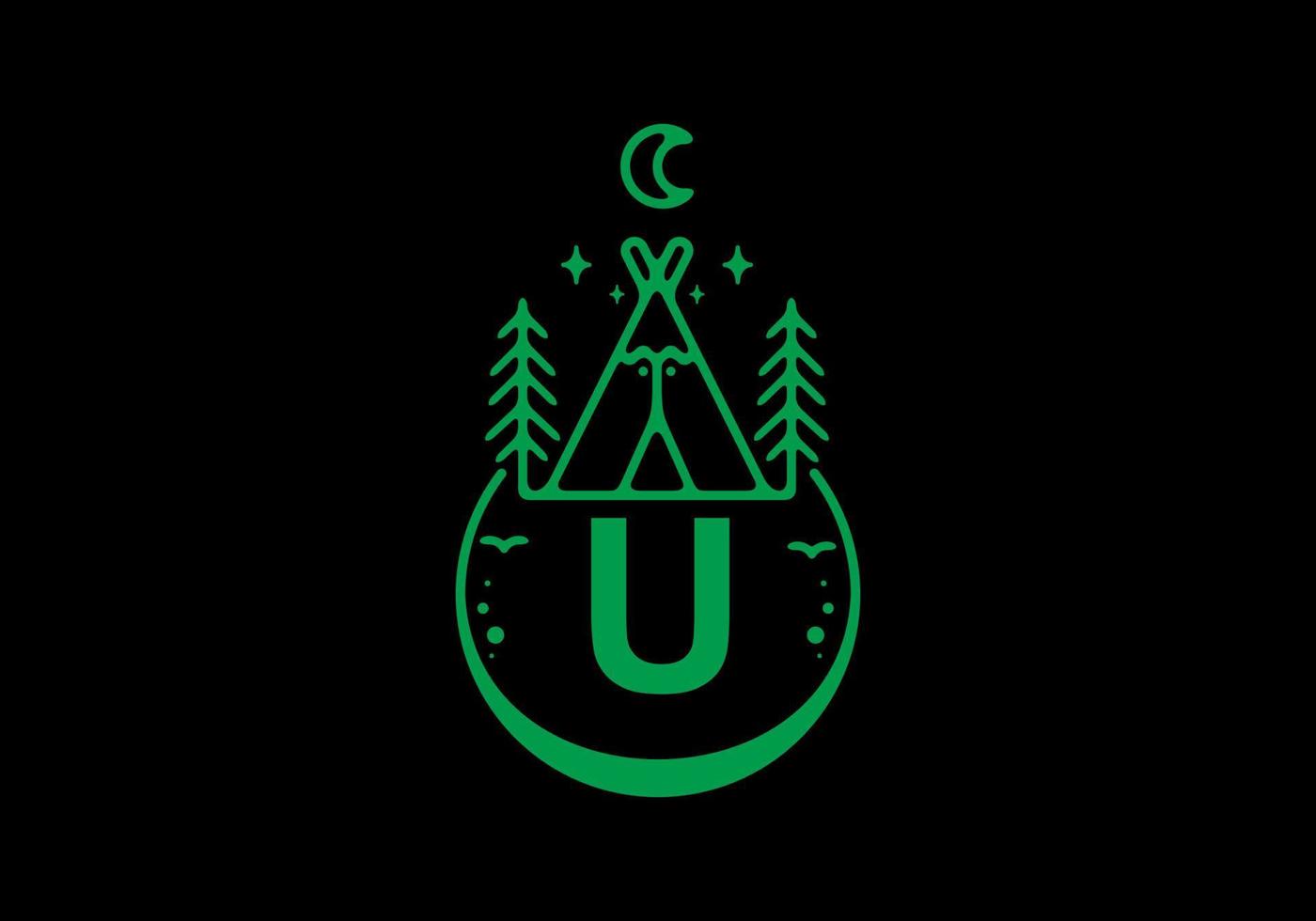 Green color of U initial letter in camping circle badge vector