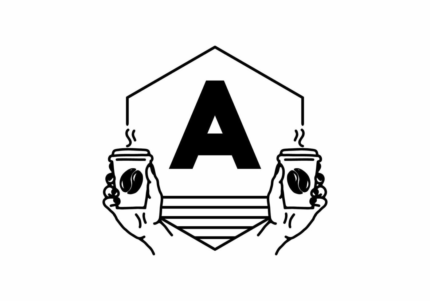 Hand holding a coffee cup line art with A initial letter vector