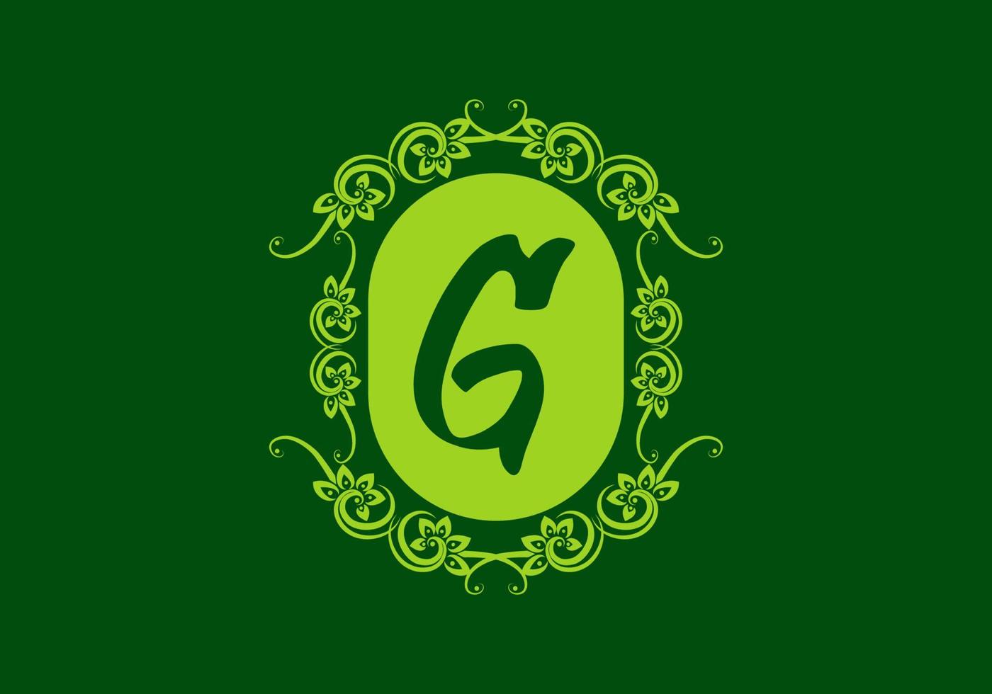 Green G initial letter in oval classic frame vector