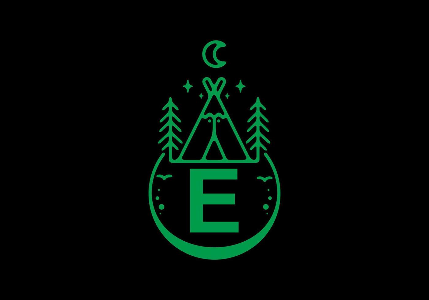 Green color of E initial letter in camping circle badge vector