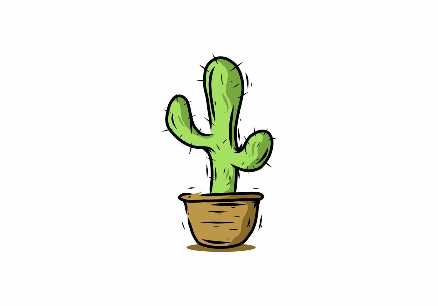 Green cactus in brown pot line art illustration vector
