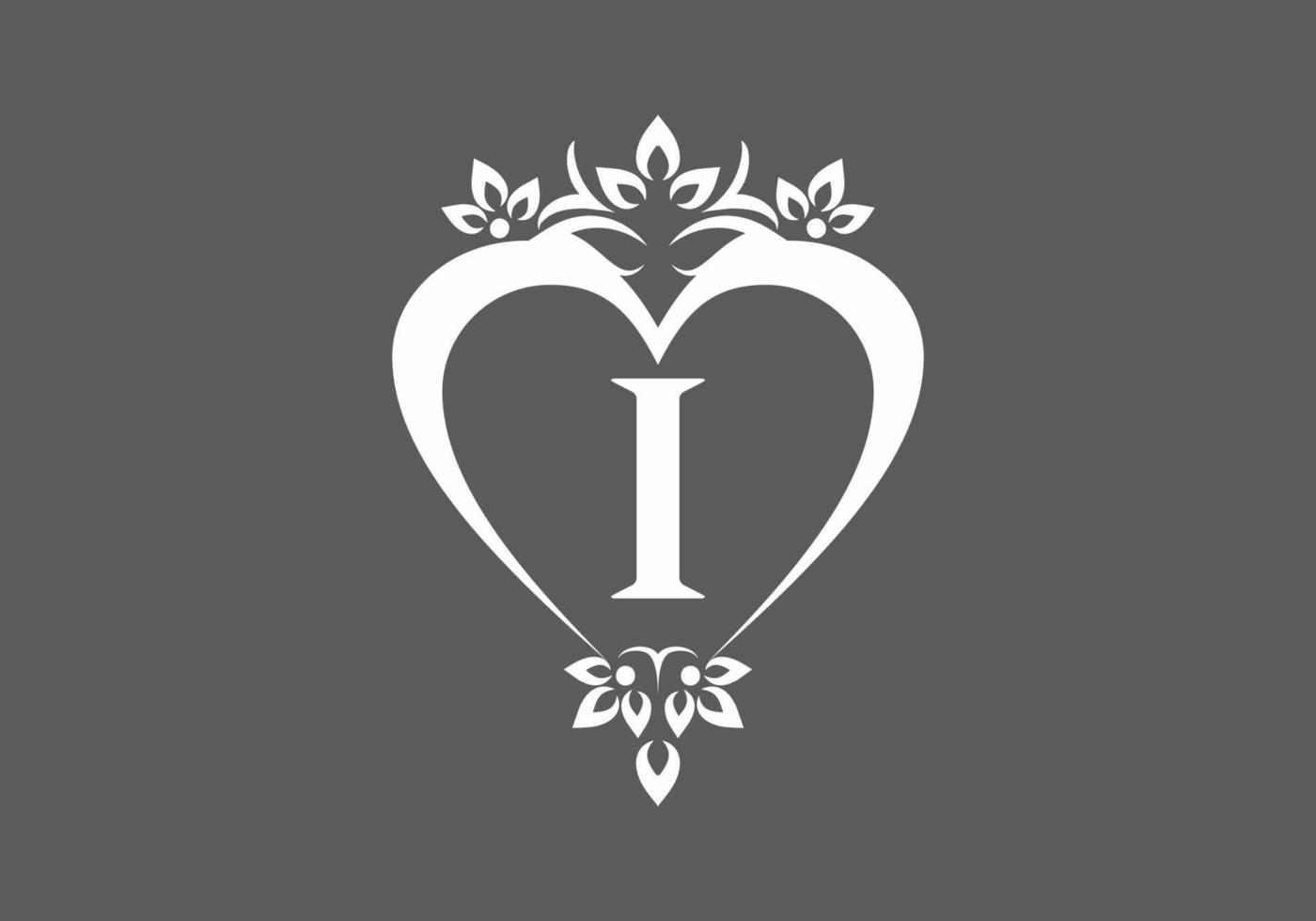 Grey white i initial letter in love shape classic frame vector