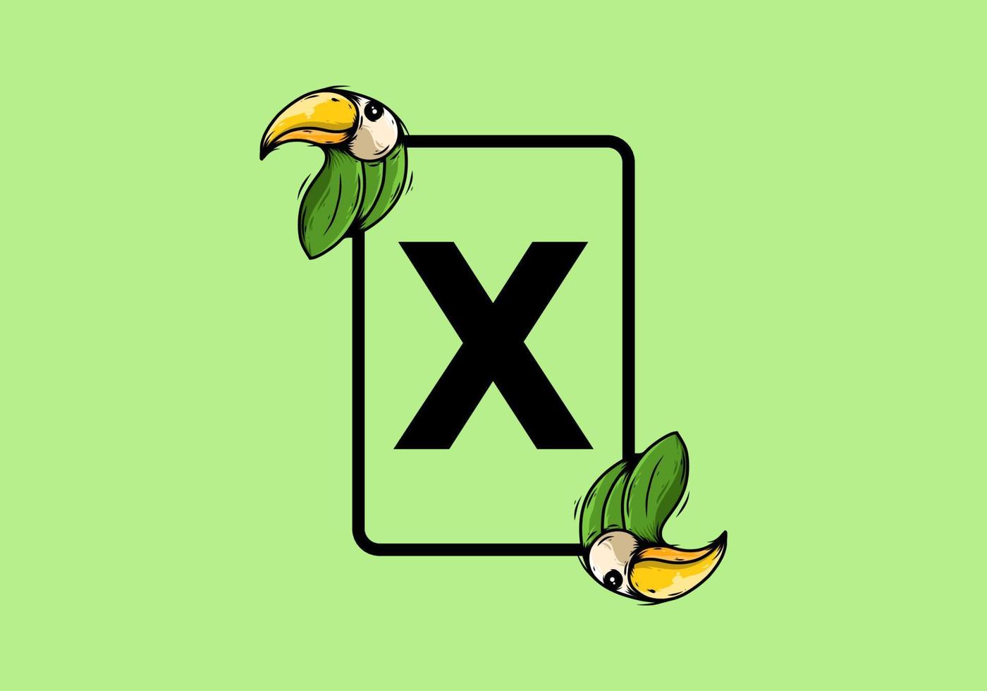 Green bird with X initial letter vector