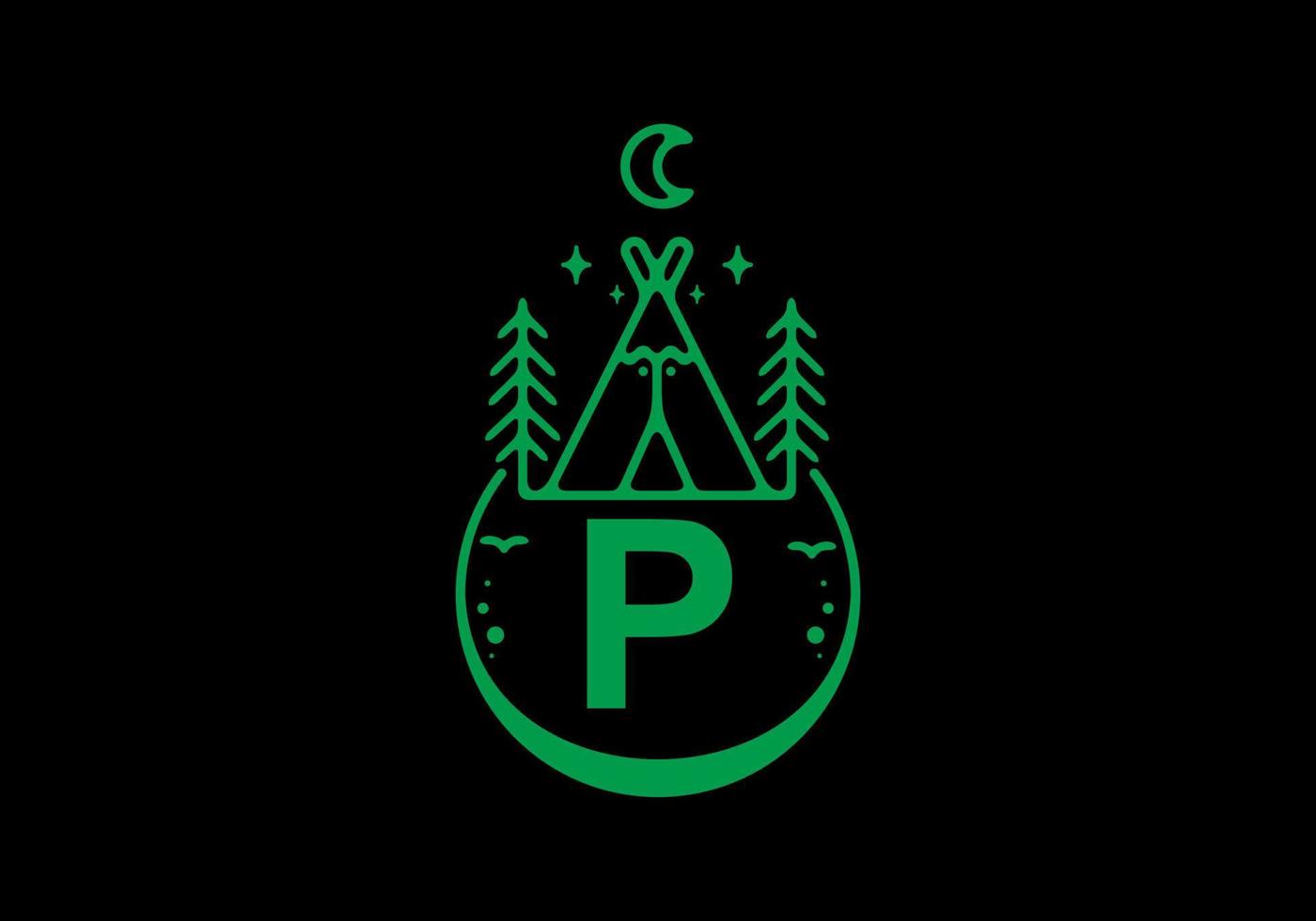 Green color of P initial letter in camping circle badge vector