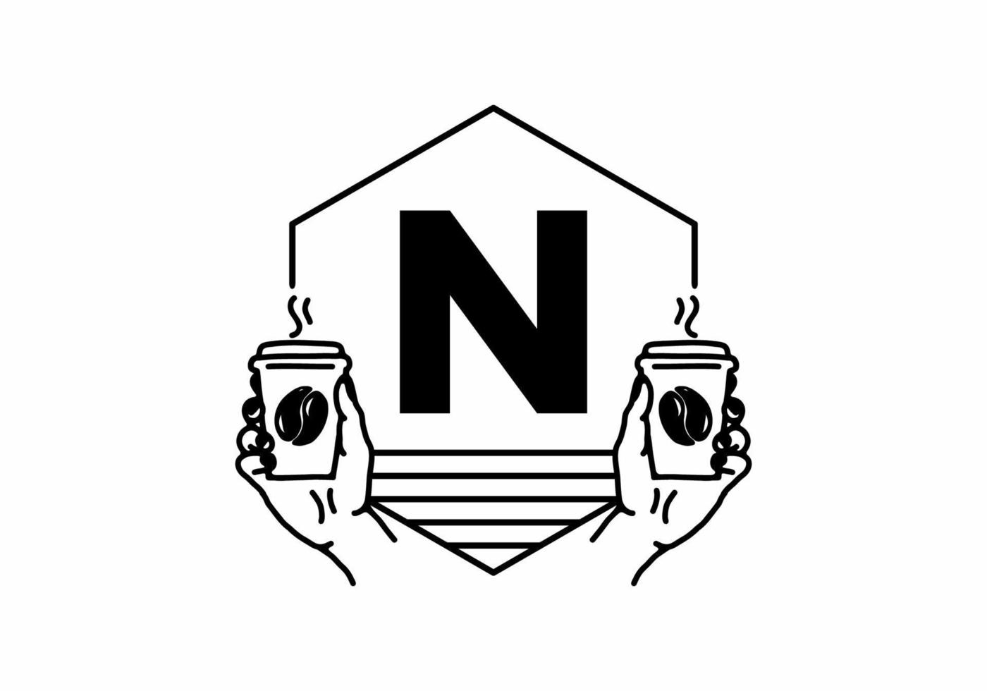 Hand holding a coffee cup line art with N initial letter vector
