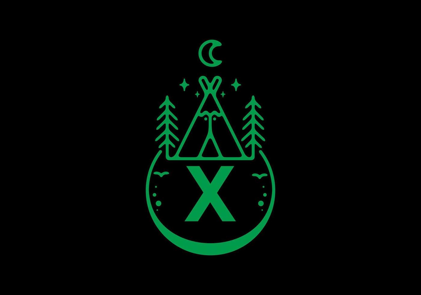 Green color of X initial letter in camping circle badge vector