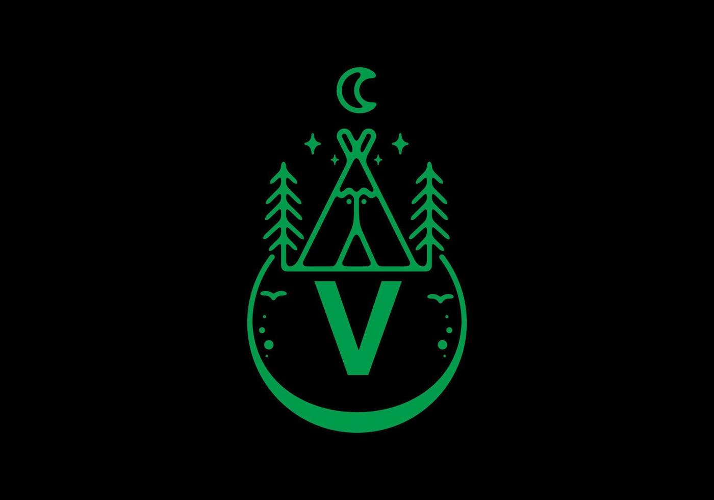 Green color of V initial letter in camping circle badge vector