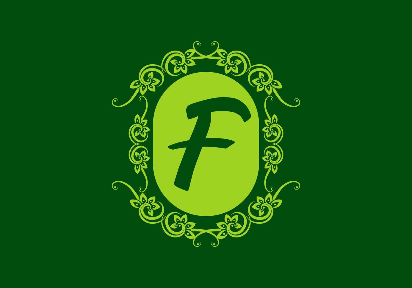 Green F initial letter in classic frame vector