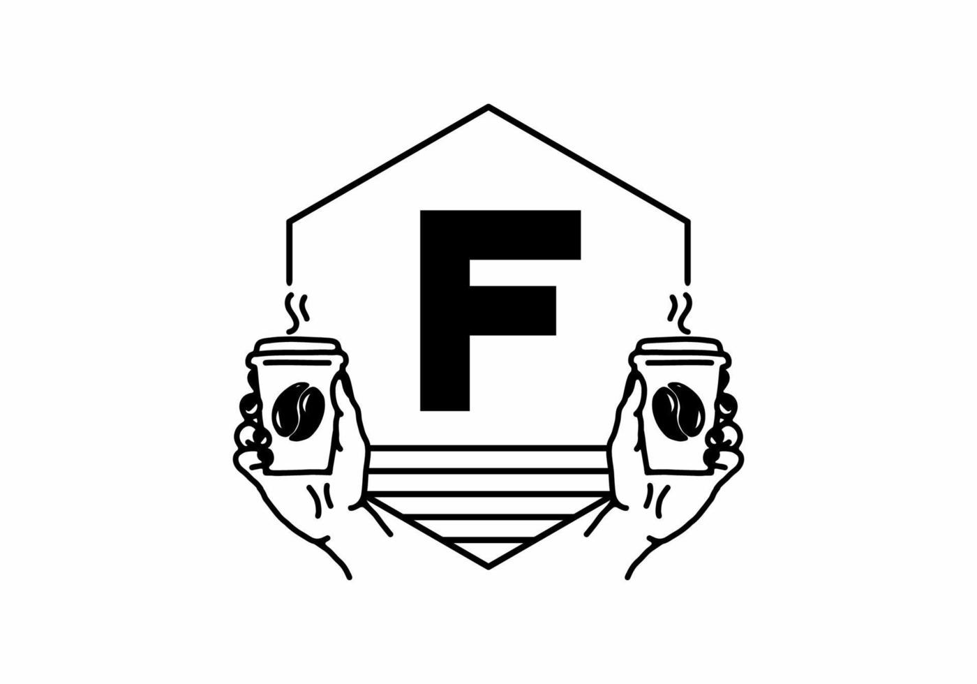 Hand holding a coffee cup line art with F initial letter vector