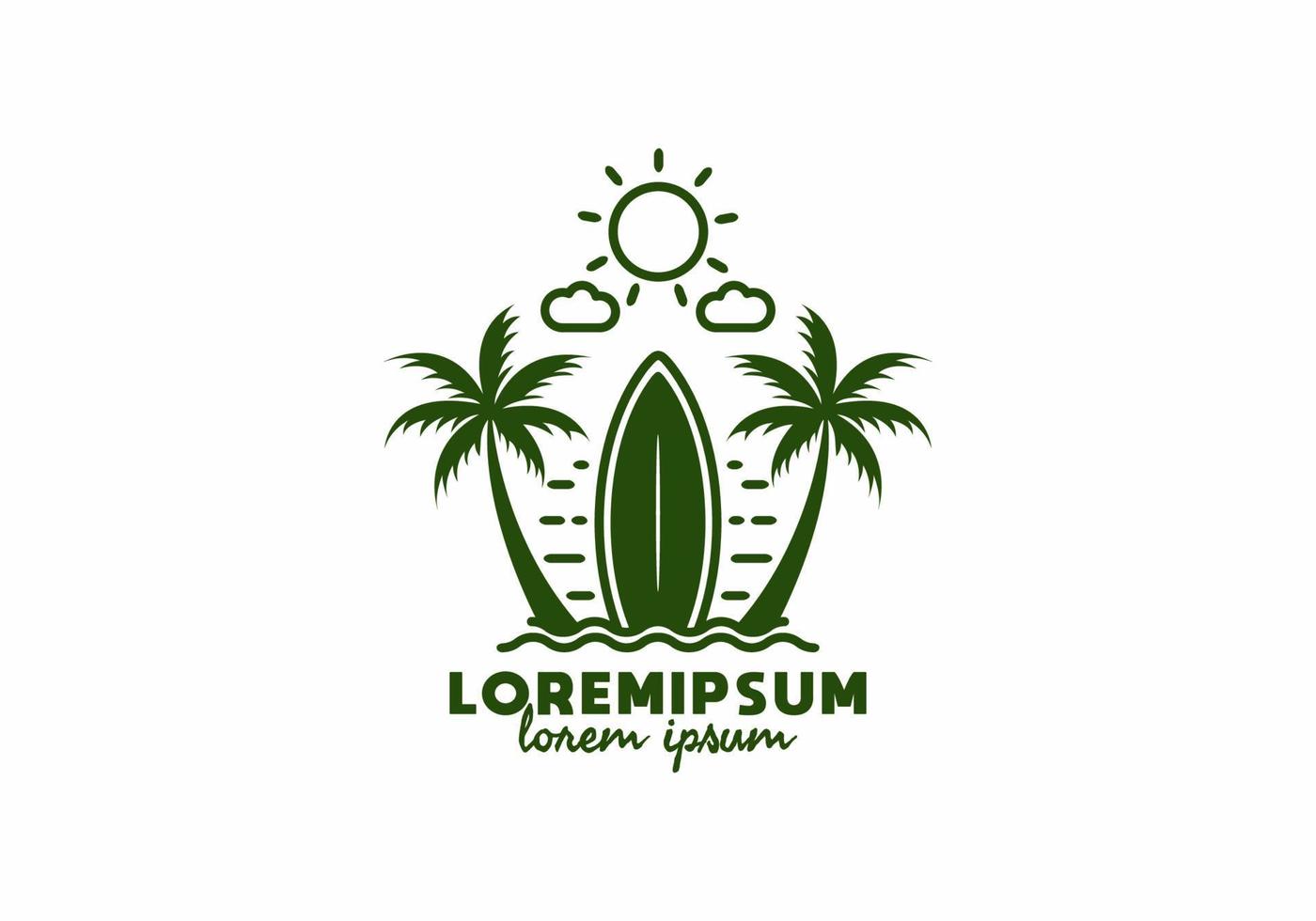 ilustración de arte de línea verde de tabla de surf y cocotero con texto de lorem ipsum vector