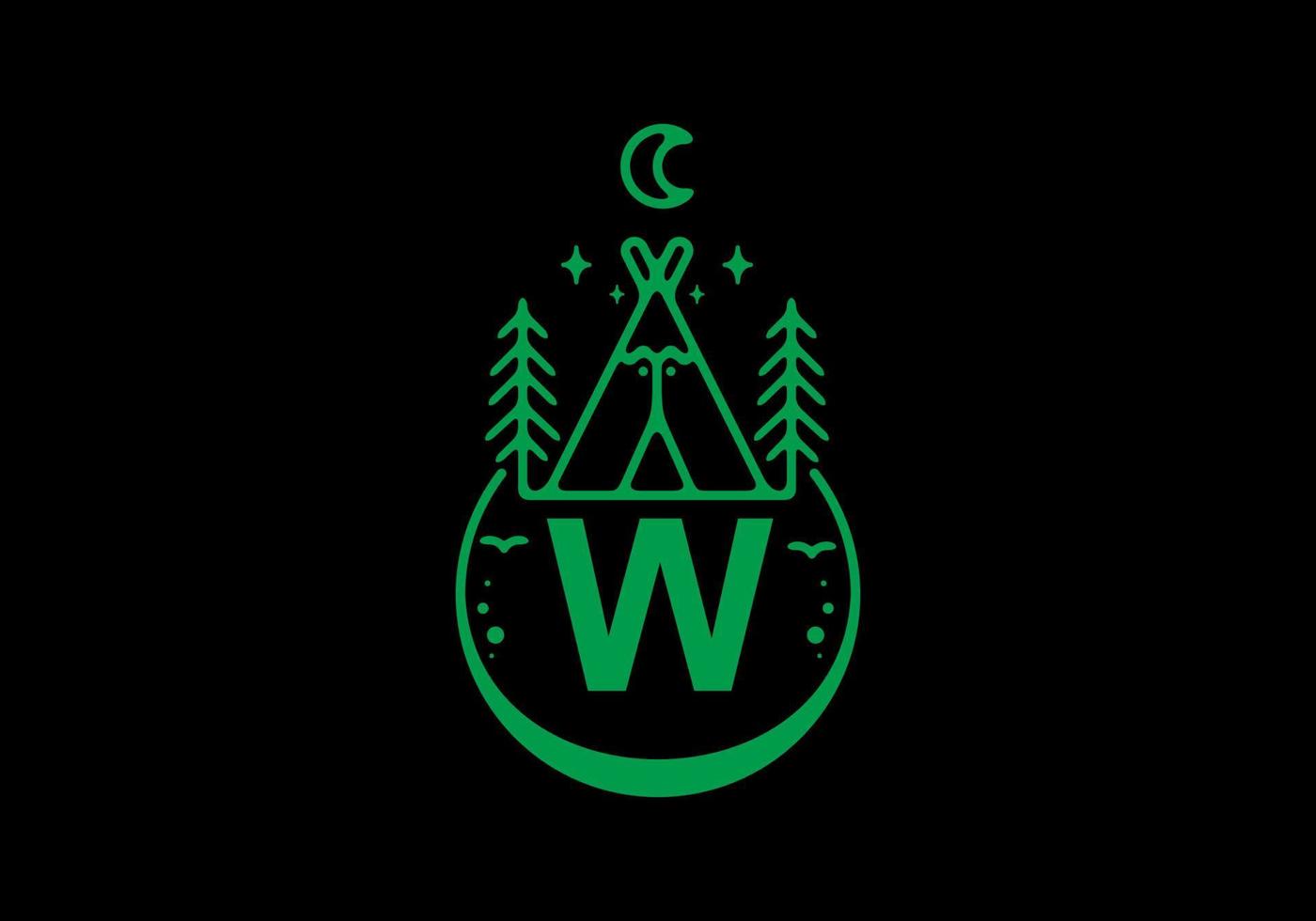 Green color of W initial letter in camping circle badge vector