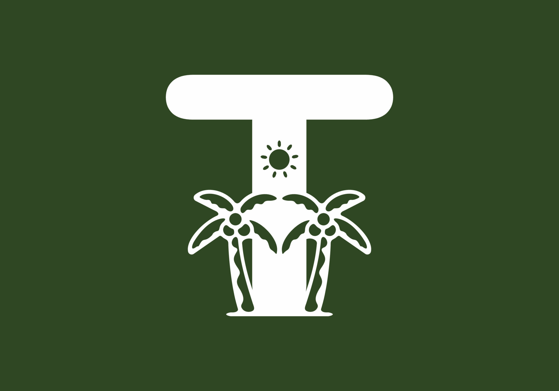 Green white color of T initial letter with coconut tree and sun 6925712