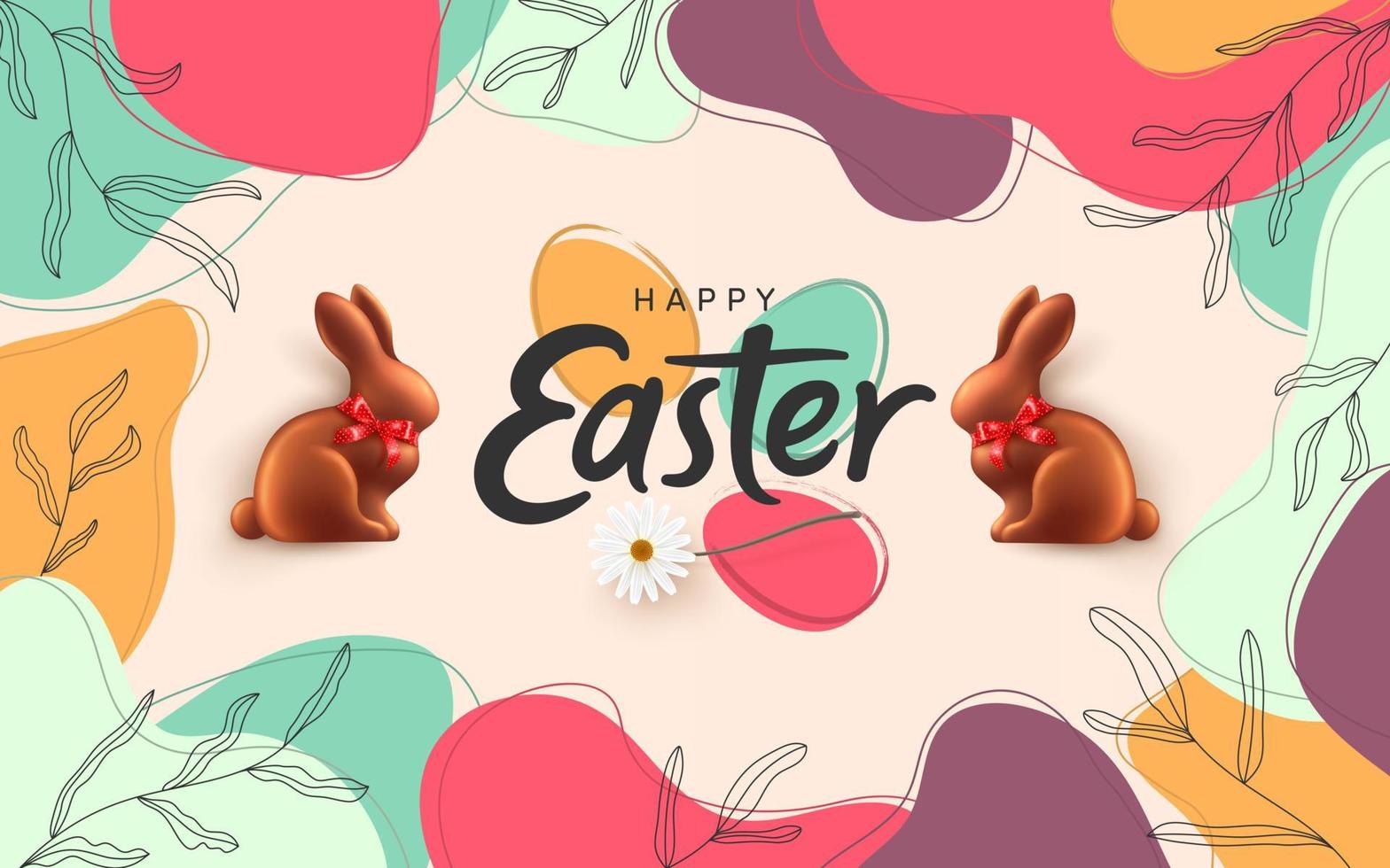 Easter poster and banner template with Chocolate bunny on modern minimal background style.Greetings and presents for Easter Day in flat lay styling.Promotion and shopping template for Easter vector