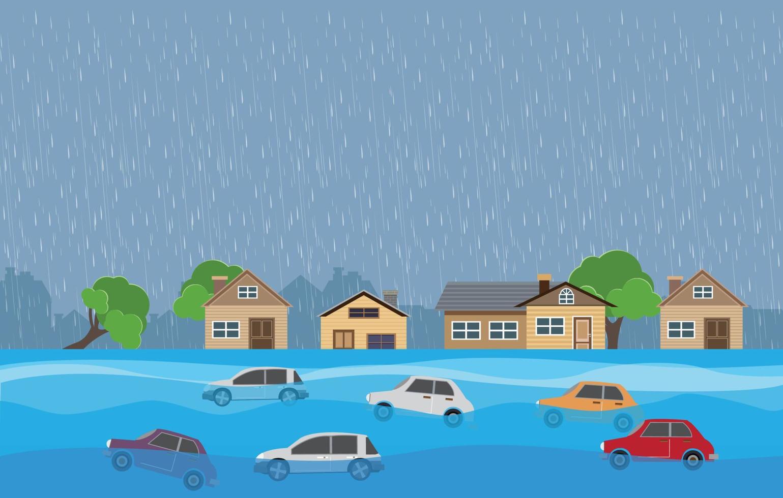 Flood natural disaster with house, heavy rain and storm , damage with home, clouds and rain, flooding water in city, Flooded house. vector