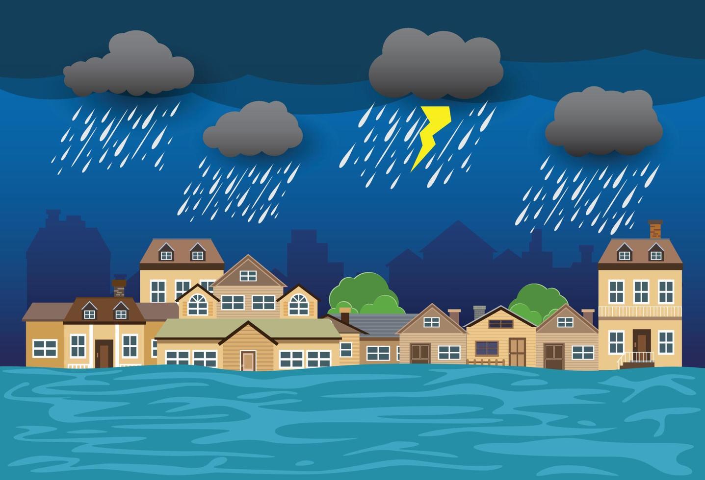 Flood natural disaster with house, heavy rain and storm , damage with home, clouds and rain, flooding water in city, Flooded house. vector