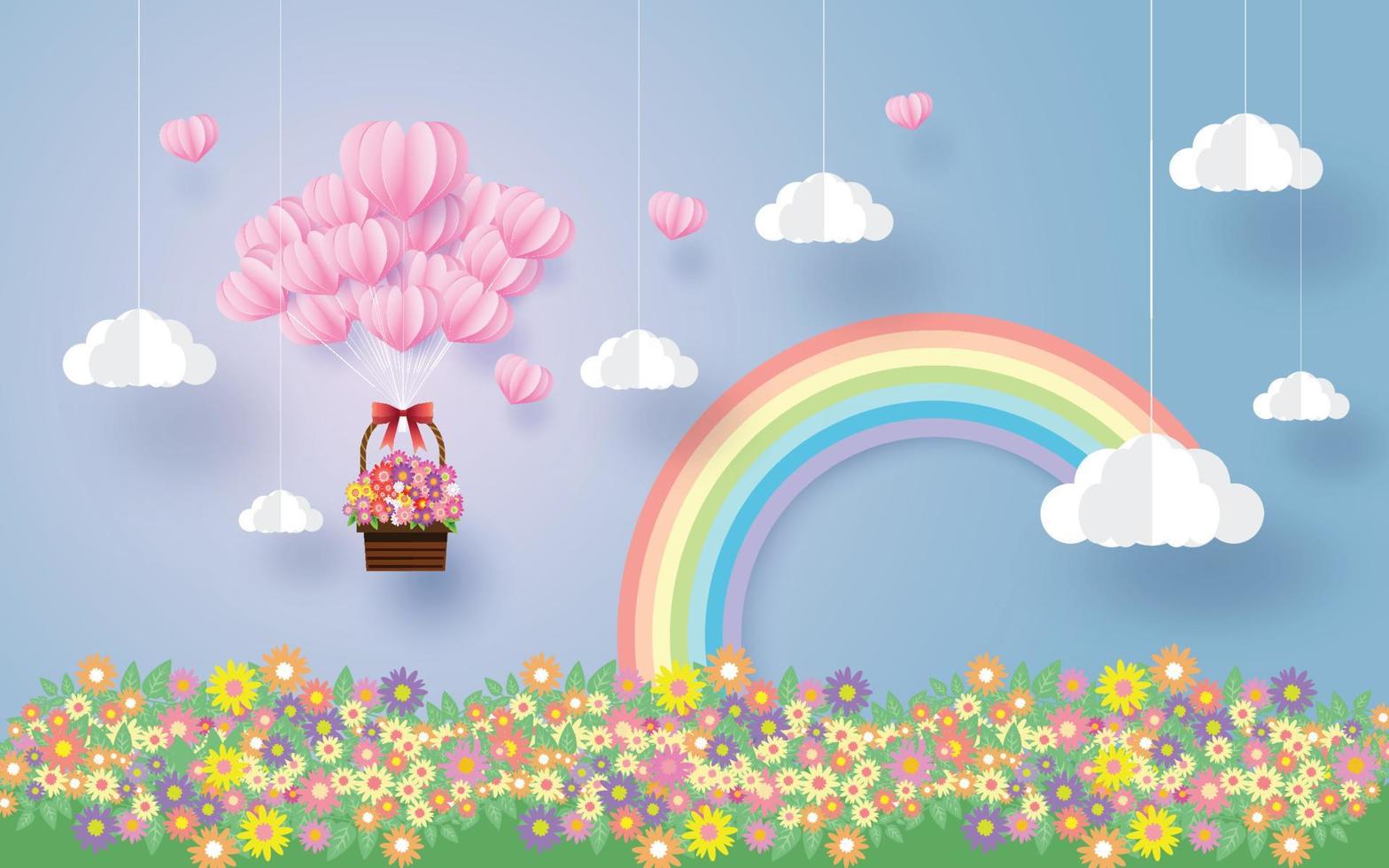 Heart in the sky, valentine day,Rainbow and clouds, paper art style vector