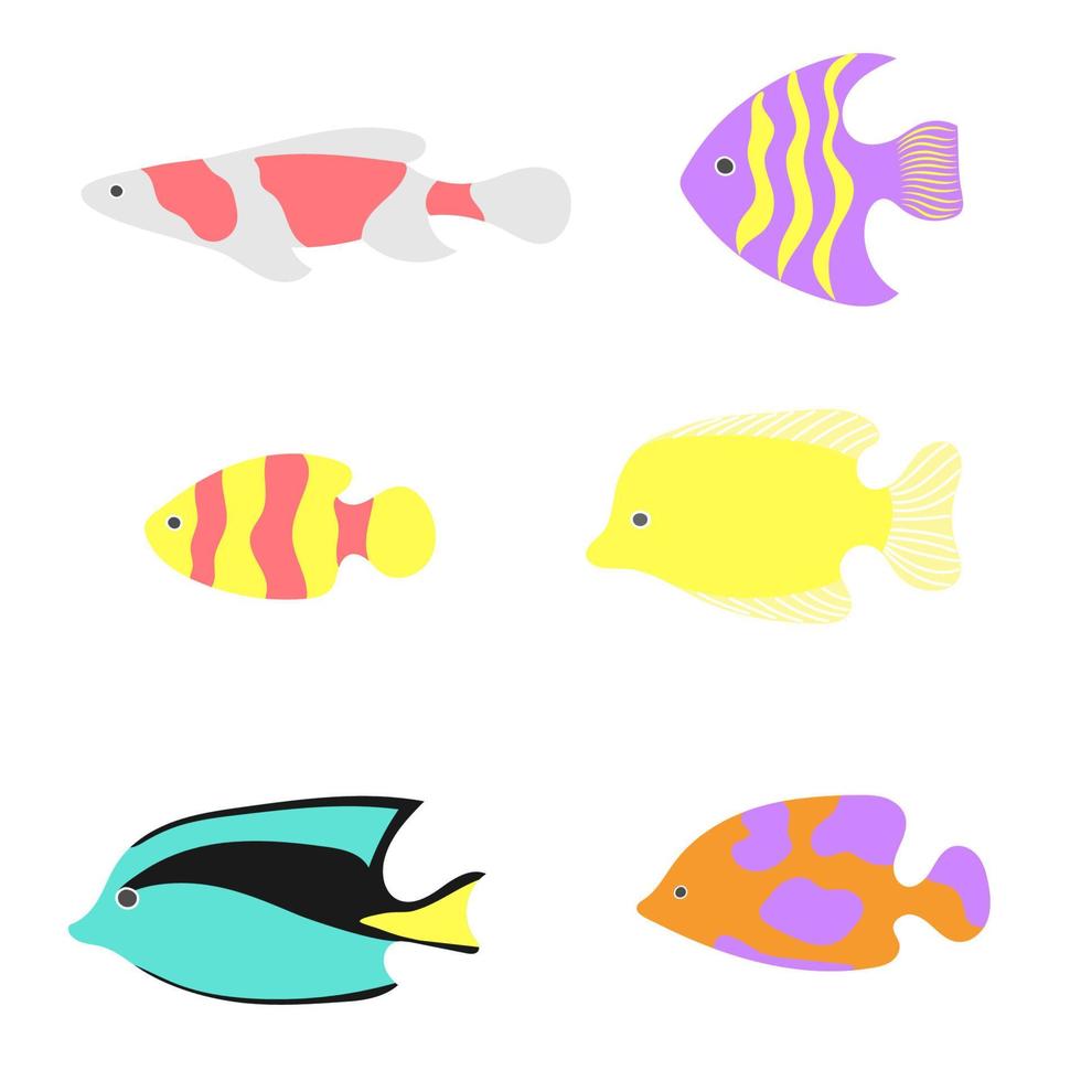 Cute cartoon fish icon set. Sea ocean animal. Flat design. Isolated on white background. vector