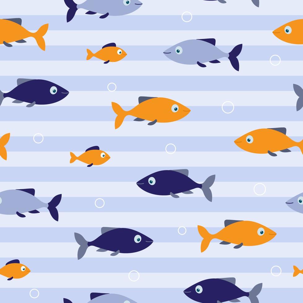 Blue and orange fishes seamless pattern on striped blue background. Good for textile, paper, background, scrapbooking vector