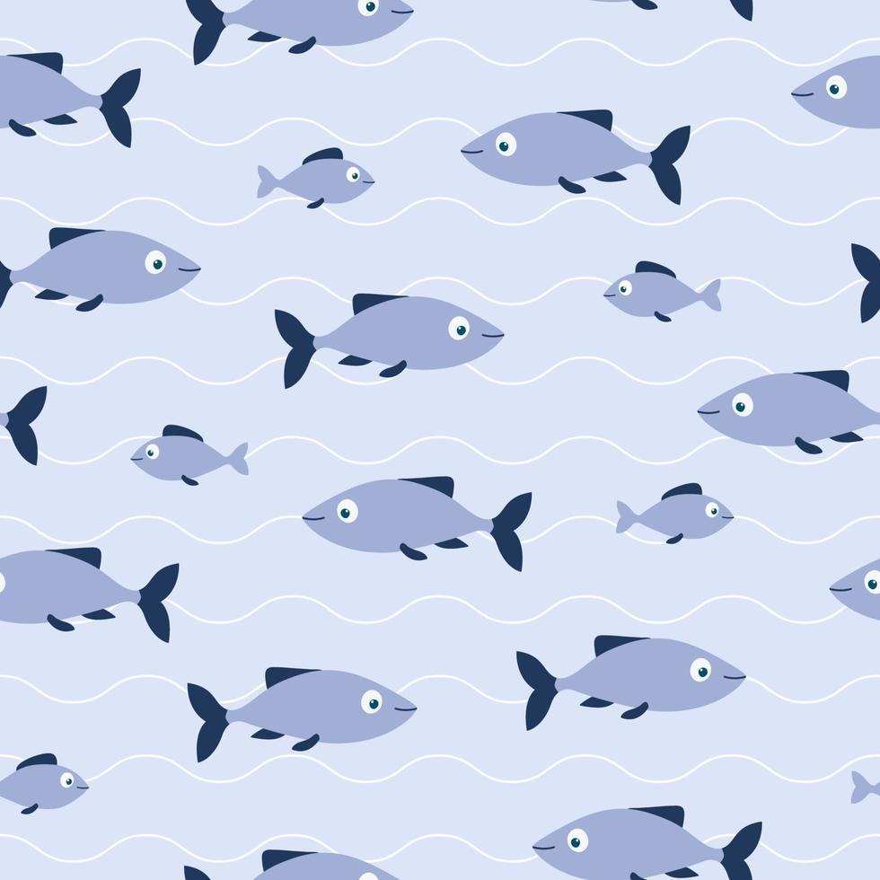 Seamless pattern of blue fishes and waves on blue background. Good for textile, paper, background, scrapbooking. vector