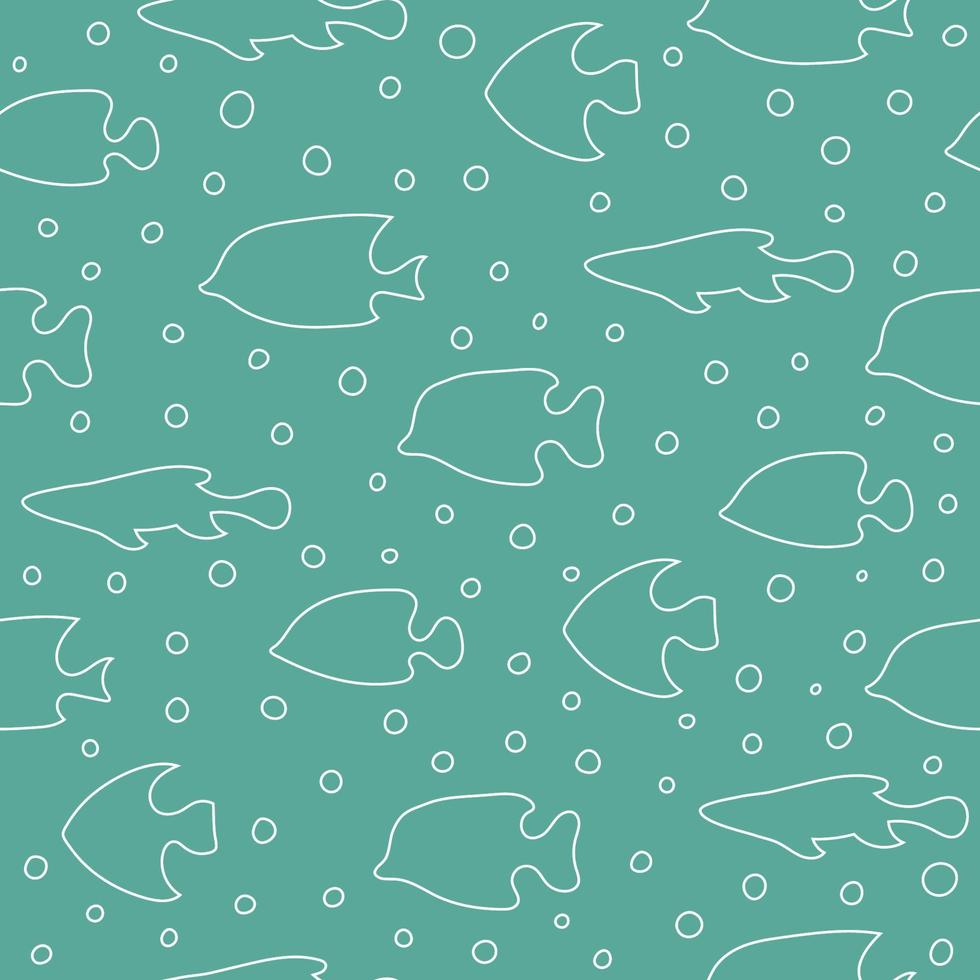 Contour outline fish with bubbles seamless pattern. Line art vector