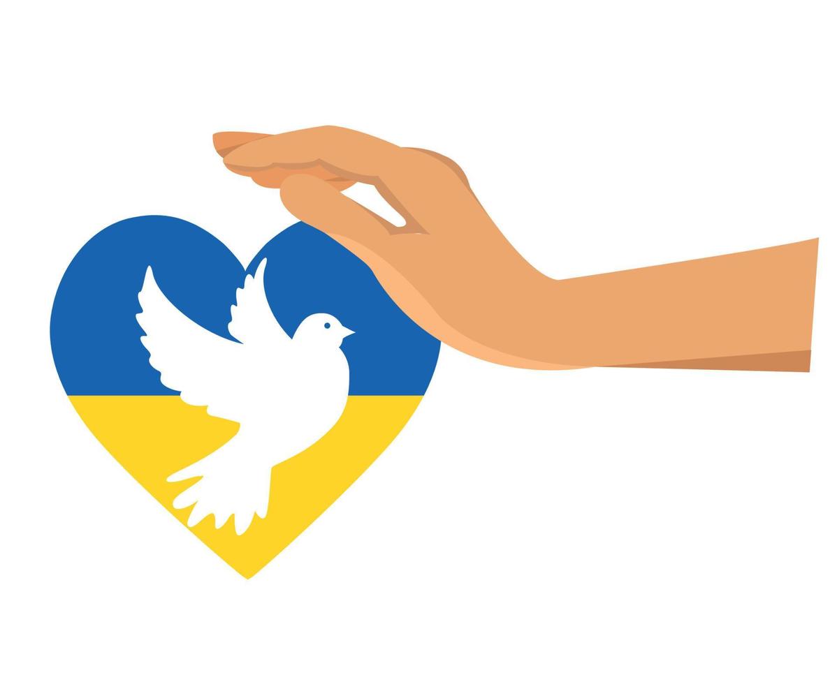 emblema de la bandera de ucrania corazón con paloma de la paz y símbolo de la mano resumen nacional europa vector ilustración diseño
