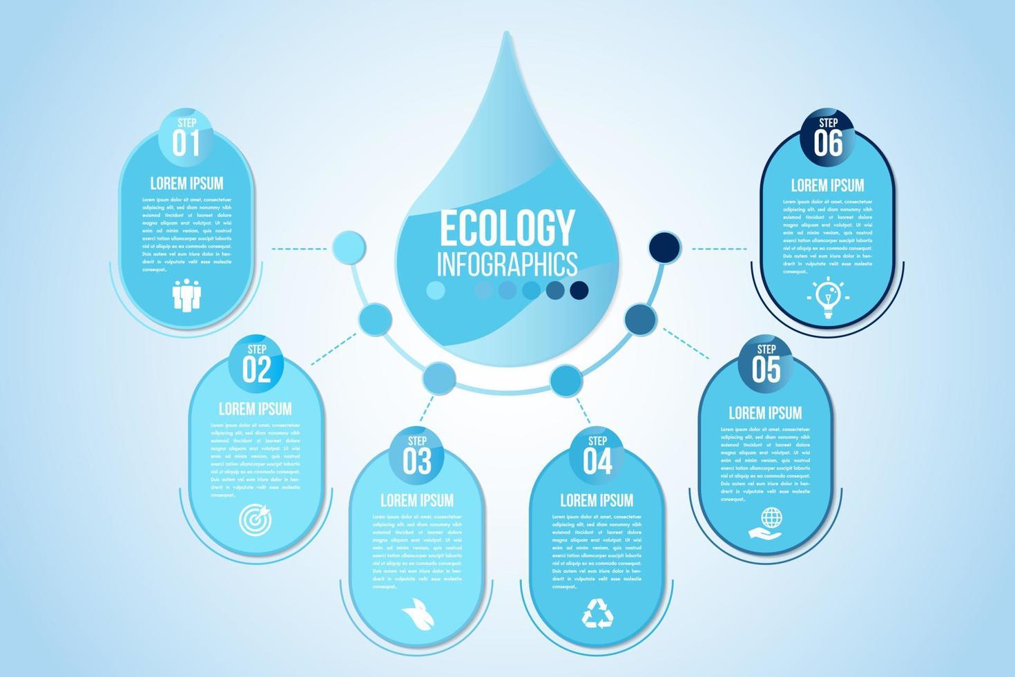 Los elementos de diseño infográfico eco agua azul procesan 6 pasos u opciones de piezas con una gota de agua. plantilla de negocio de vector de naturaleza orgánica ecológica para presentación.