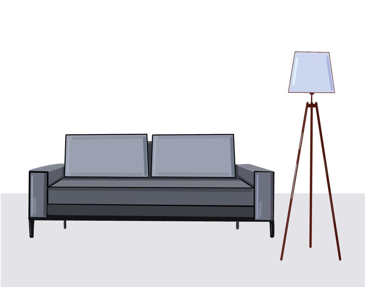 habitación con sofá gris y lámpara de suelo, ilustración vectorial de diseño interior moderno vector