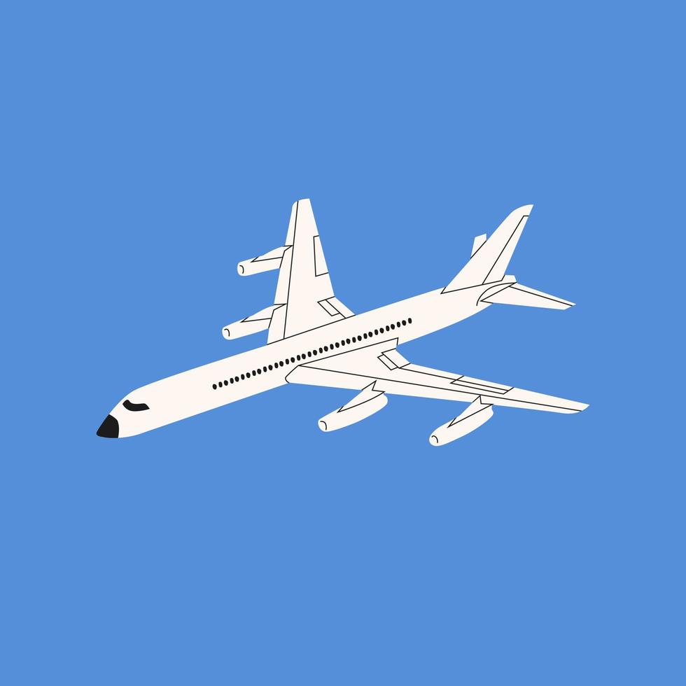 avión blanco en el cielo azul. ilustración cuadrada de color dibujada a mano en estilo de dibujos animados. viaje, vuelo, concepto de viaje. avión de vacaciones, transporte aéreo. avión volador plano. vector