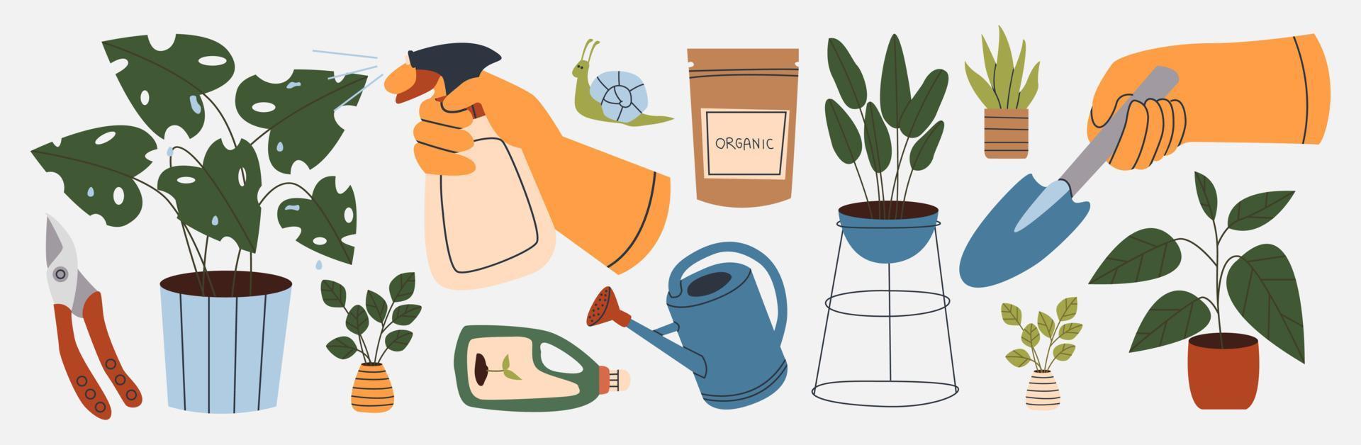 Home gardening and growing houseplants set. Illustration of plants, flower pots, garden tools. Various hands watering, planting. Colored flat  illustration.Isolated elements on white vector