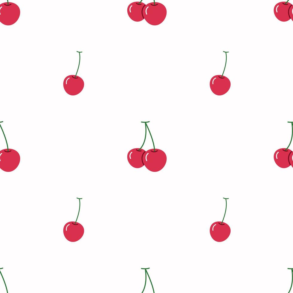 diseño de cereza plano rojo de plantilla de patrones sin fisuras. patrón transparente pintado a mano con pequeñas cerezas en rojo, verde sobre fondo blanco. lindas cerezas de dibujos animados. diseño de bayas jugosas. vector