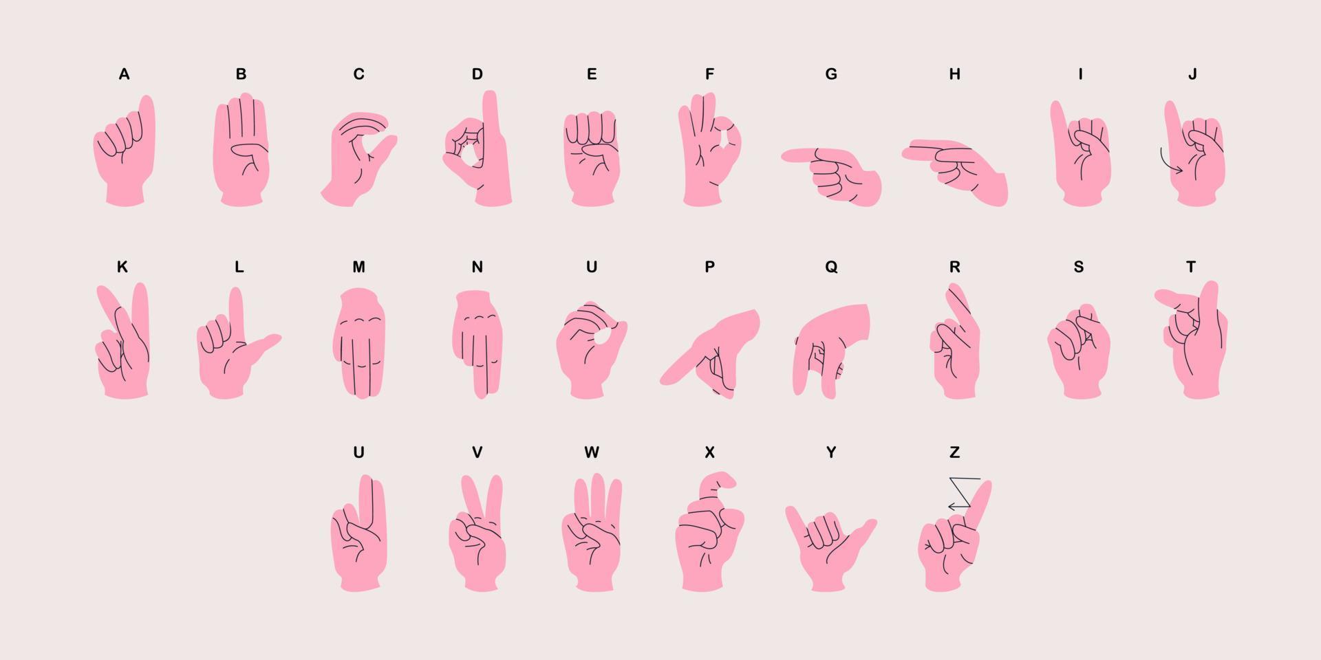 American sign language alphabet horizontal poster with hands. Different colors vector illustration for ASL education poster, card, brochure, canvas, website, books