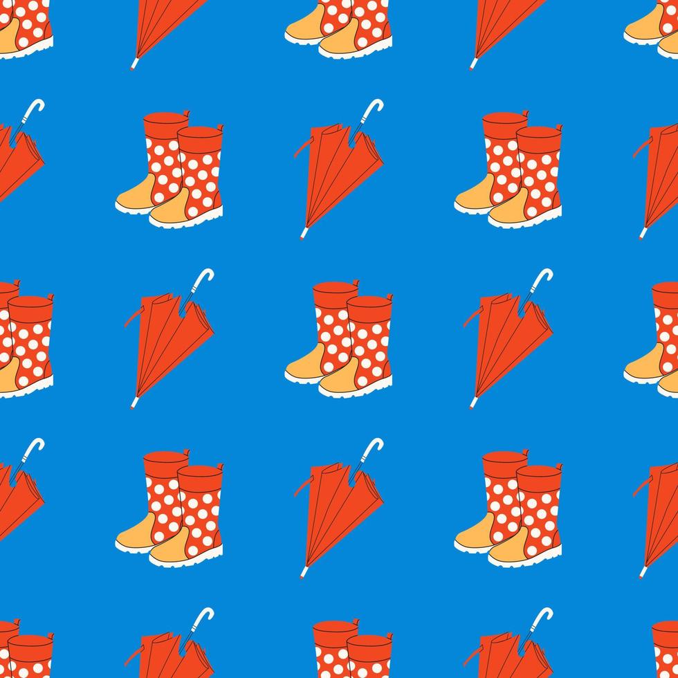 Red wellies and umbrella on blue. Rubber boots. Autumn background with umbrellas and boots. Rainy collection. Hand drawn colored flat seamless pattern with autumn elements, illustrations. vector