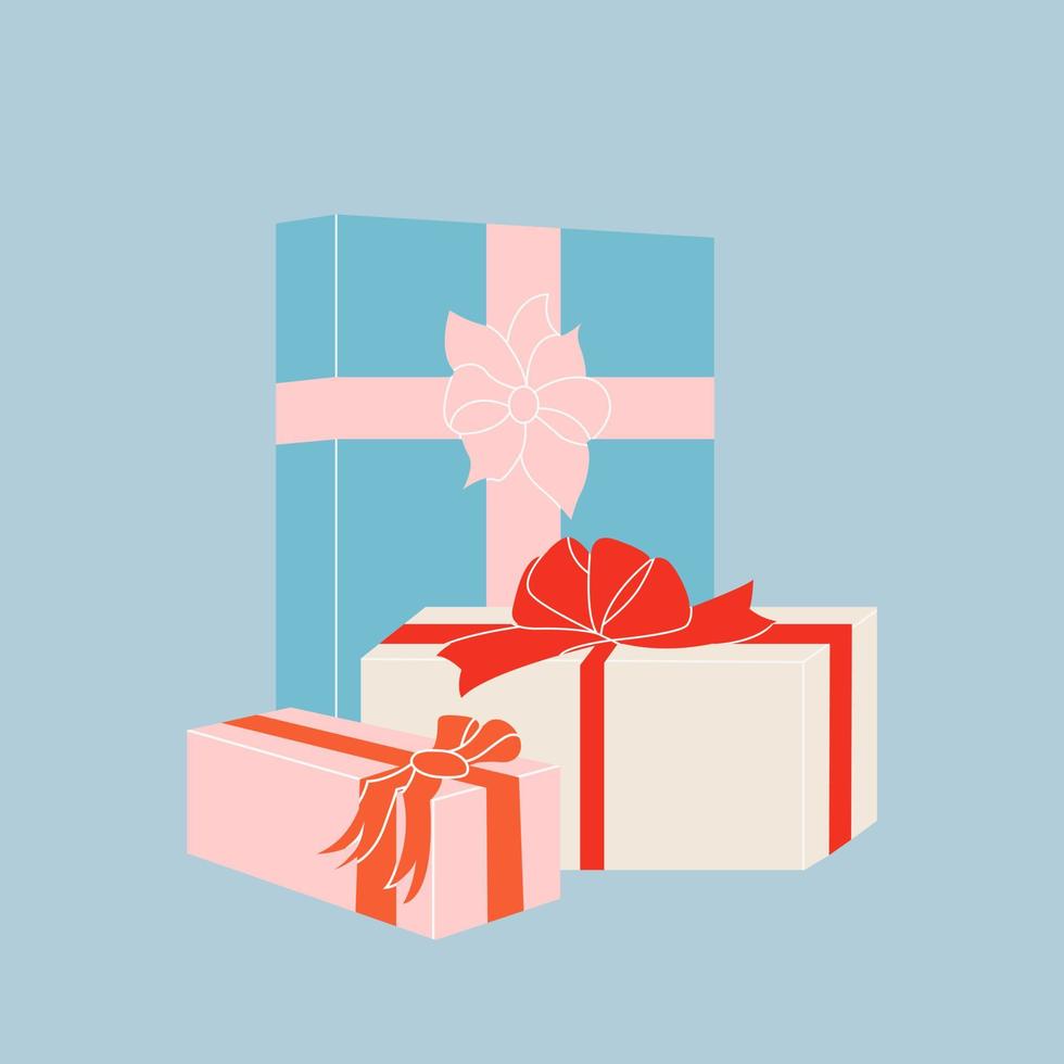 pila de diferentes cajas de regalo para vacaciones. pila de regalos festivos envueltos decorados con lazos. cajas de navidad con cinta y lazo. ilustración plana coloreada de paquetes festivos aislados. vector