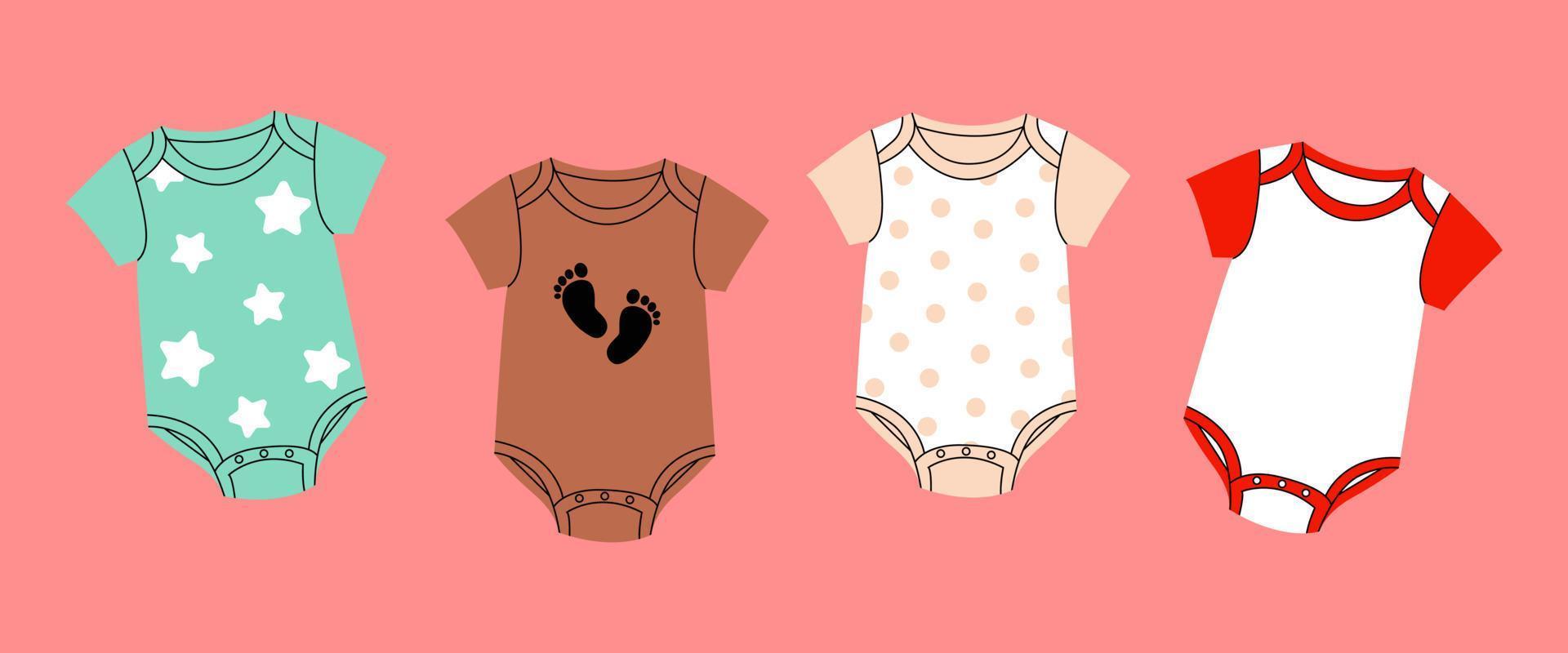 linda ropa de niña y niño. ropa moderna de moda para niños, conjunto de ilustración de guardería de dibujos animados de trajes de cuerpo casuales para niños. ropa infantil para niños y niñas. dibujado a mano ilustración plana de color vector