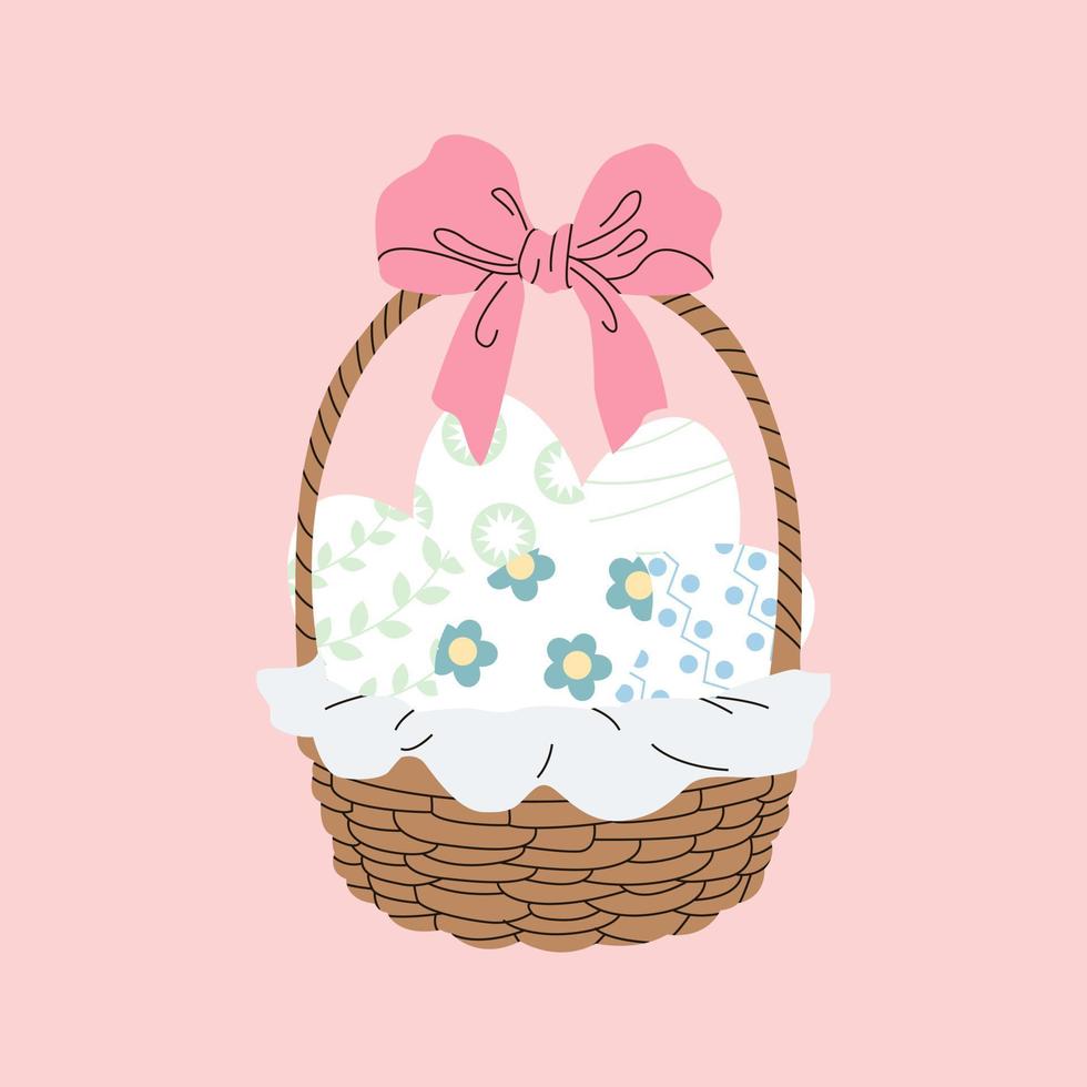 Happy Easter greeting card. Cute cartoon Easter eggs in the basket with big bow. Wicker basket and beautiful napkin. Colorful spring hand drawn flat illustration. vector