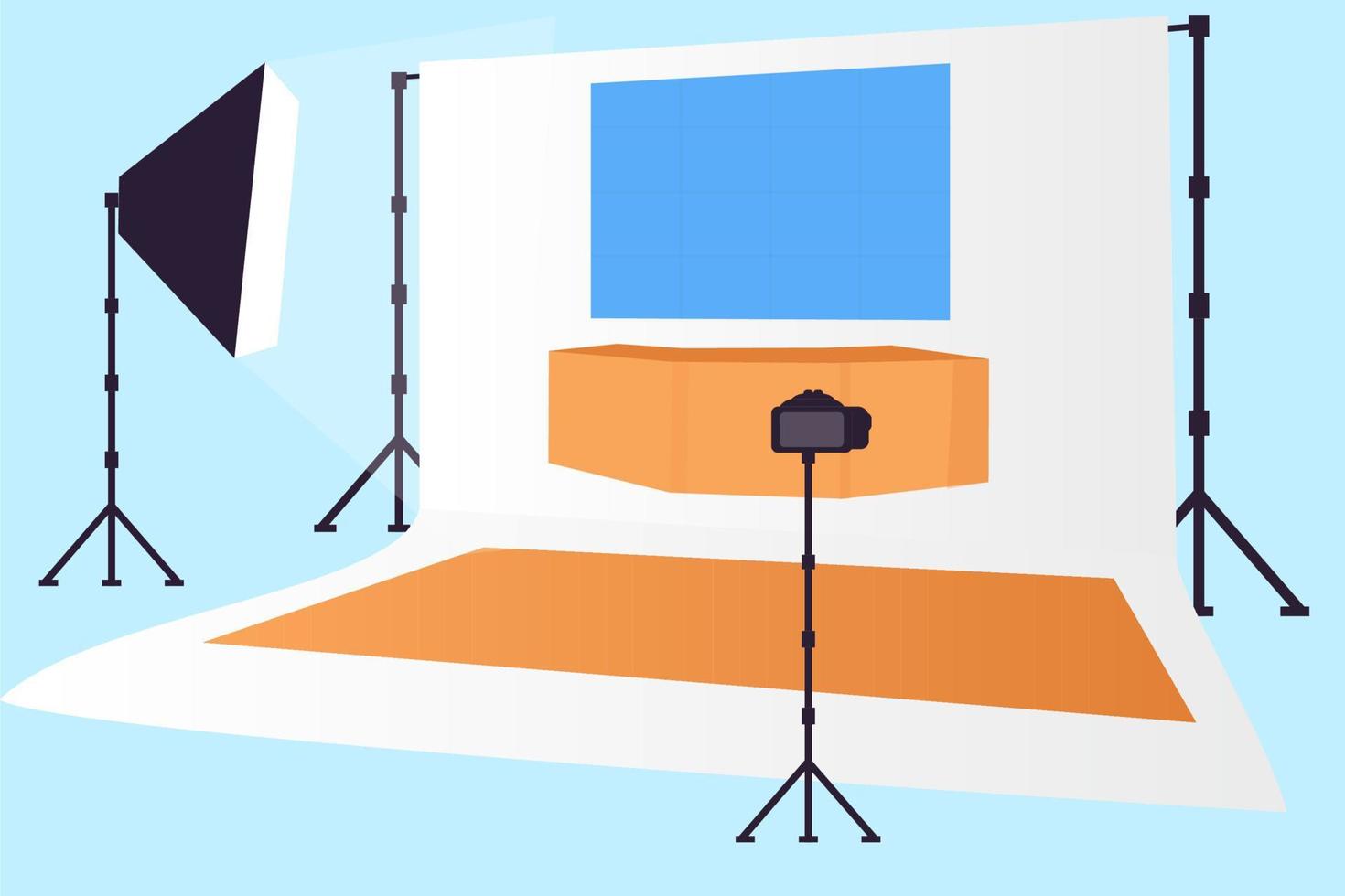 Studio interior for newscasting, vector blank placement with anchorman table on pedestal, digital screen for video presentation, Camera and carpet