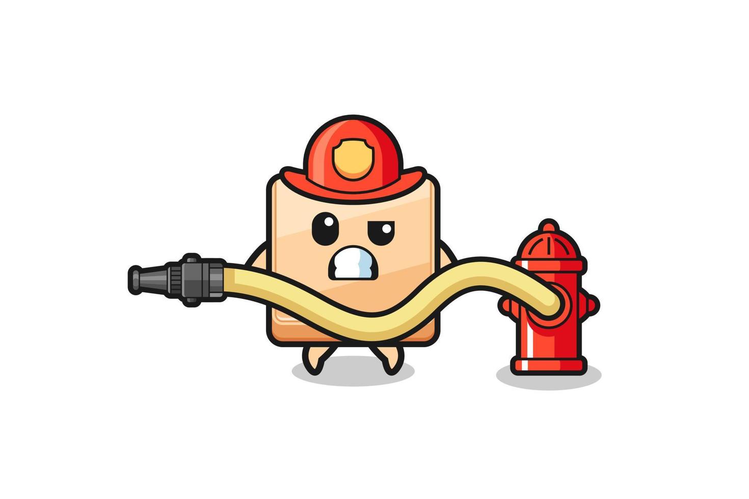 caricatura de caja de pizza como mascota de bombero con manguera de agua vector