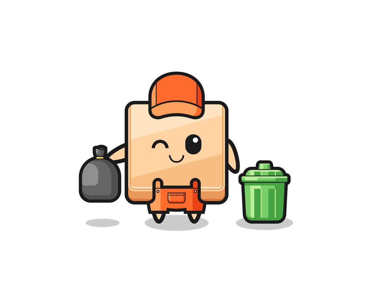the mascot of cute pizza box as garbage collector vector