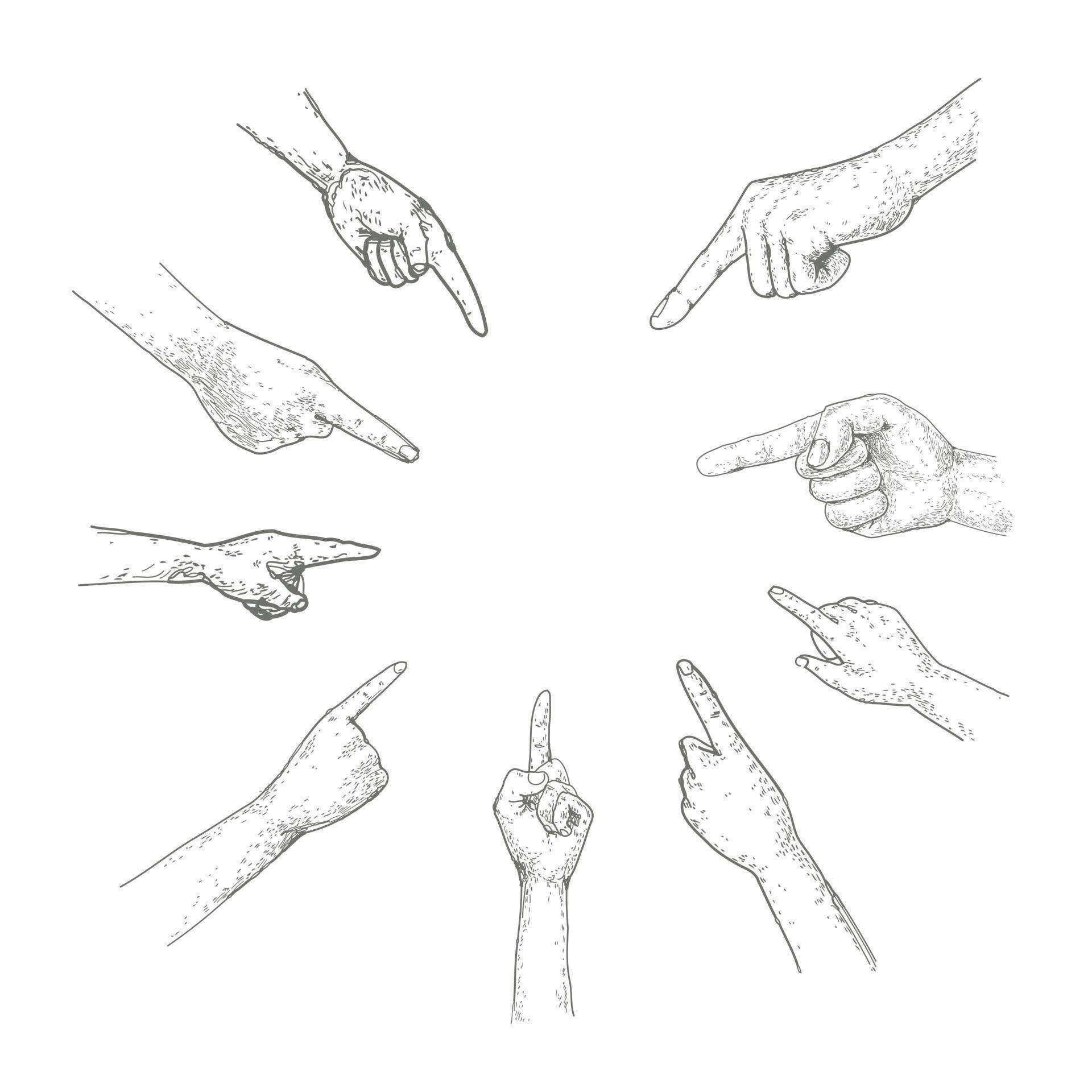 Hand drawn vector illustration of hand point. Isolated on white