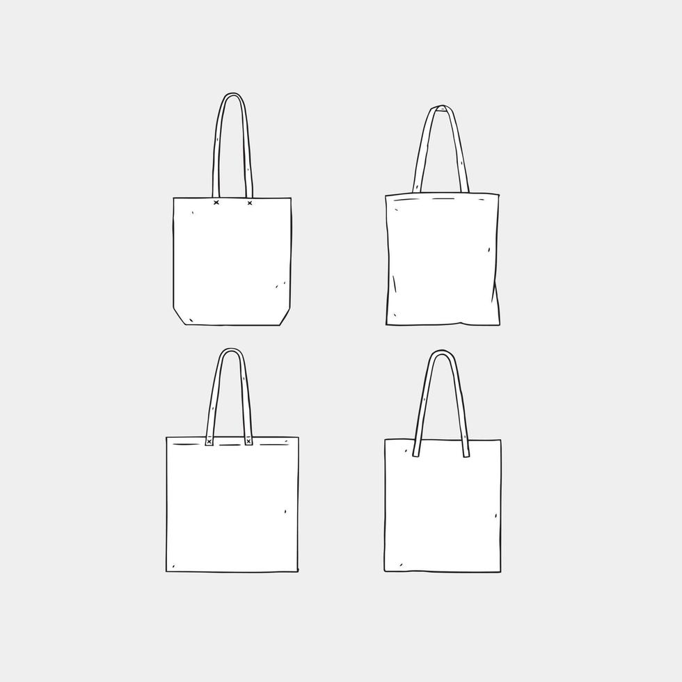 Hand drawn vector illustration of blank white tote bag on white background. Template fabric bag.canvas shopping bags.mock up.