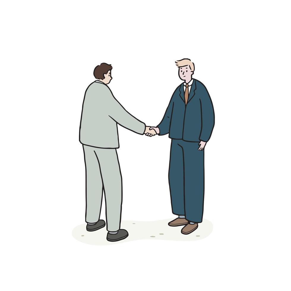 Hand drawn vector illustration of business man handshake to partner on white background. Asian and European people shaking hand. Meeting people.