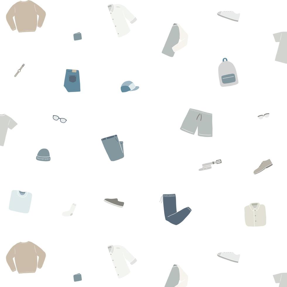 patrón de ropa de moda masculina con camisa, zapato, calcetín, sombrero, reloj, pantalón, suéter, bolso, suéter sobre fondo blanco. ilustración de patrón en estilo de dibujos animados. fondo de pantalla de garabatos. vector