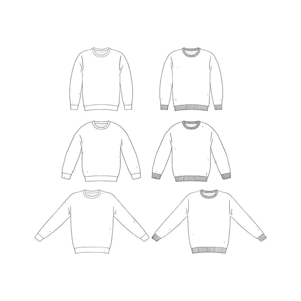 Hand drawn vector illustration of blank t-shirt long sleeve set on white background.White Tee Shirt template. Knit jumper mock up. Spring and winter sweaters. O neck knitted pullover.